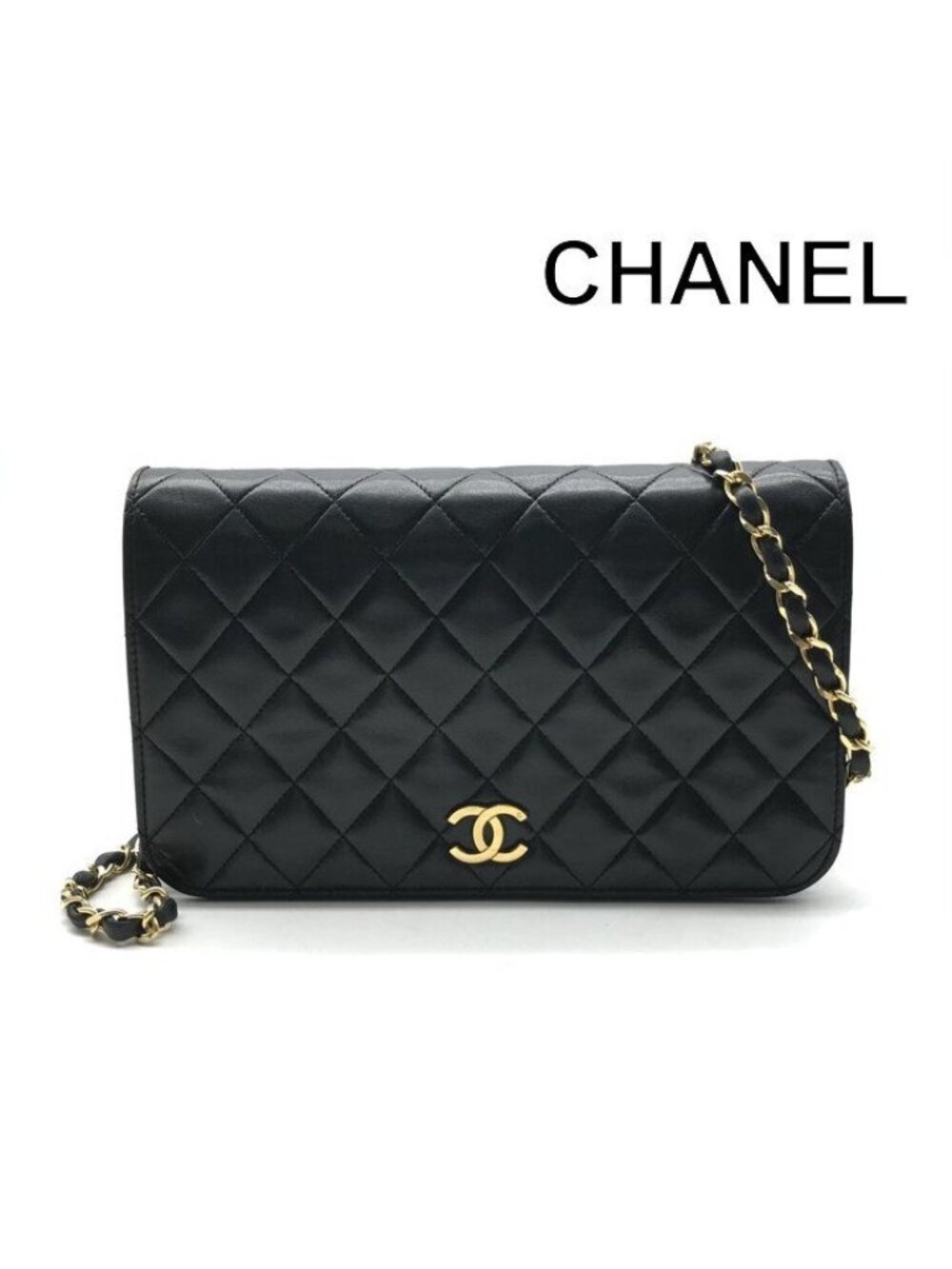 Chanel CC Logo Quilted Chain Shoulder Bag Push Lock Lambskin Leather Black